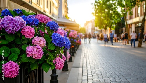 Wallpaper Mural Vibrant Hydrangeas Line a City Street at Sunset Torontodigital.ca