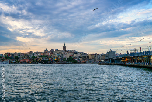 Galata Tower dominating Istanbul cityscape at sunset in Turkey