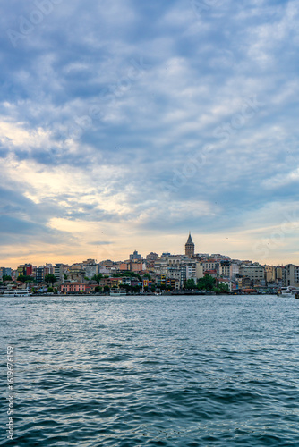 Galata Tower dominating Istanbul cityscape at sunset in Turkey