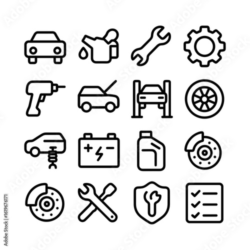 Outline Style Simple Car Repair Service Element Icon Set Collection