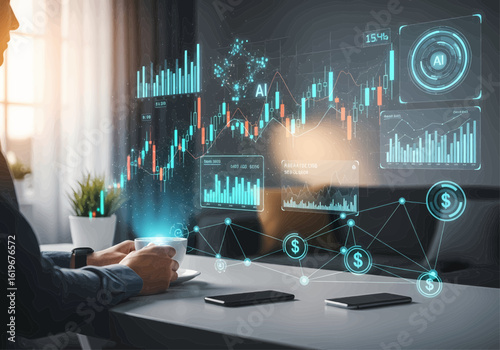 Futuristic finance concept with a professional analyzing stock market data on an augmented reality holographic dashboard with AI.