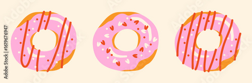 Set of different donuts with pink glaze and confectionery sprinkles on light background; top view; cute simple vector hand drawn illustration; drawing, flat style