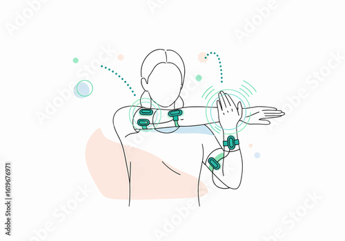 Minimalist illustration of a person with wearable motion tracking sensors for biomechanics and health data analysis.