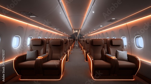 Modern Airplane Passenger Cabin with Comfortable Seats and LED Lighting