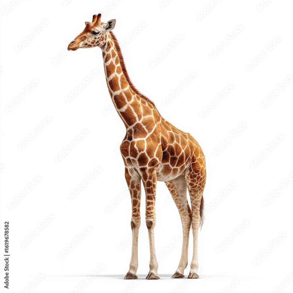 Naklejka premium A majestic giraffe standing tall, showcasing its distinctive patterns. Its long neck and legs are a testament to its unique design