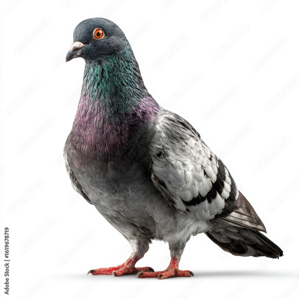 Obraz premium A close-up image of a pigeon. The pigeon is a grey and purple bird with a orange eyes, stands on a surface and captured in photorealistic detail