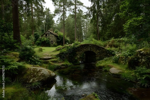 Serene Forest Glade Featuring Charming Stone Bridge Over Tranquil Creek Under Lush Canopy Misty Ambiance