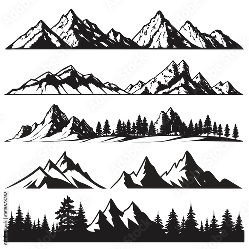 Collection of black and white mountain range and forest silhouette designs mountains landscape