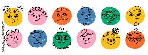 Hand drawn crayon emoticon set. Colorful doodle style emoji faces with various emotions. Vector cartoon character icons.