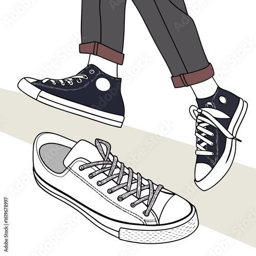Stylish canvas sneakers one pair in dark blue high tops and one in white low tops presented in a dynamic illustration