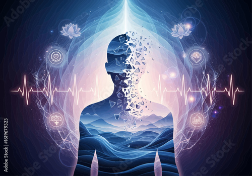 Spiritual meditation and healing with human silhouette dissolving into universal energy flow and cosmic consciousness.