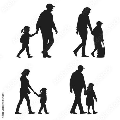 Black silhouettes of adults and children walking and holding hands on white background people family