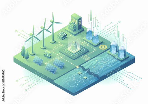 Futuristic smart grid integrating renewable wind and solar power with nuclear energy on a technological circuit board.