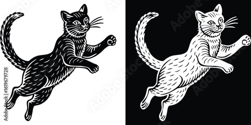 Charming vintage black and white cat illustration, perfect for branding and design projects needing feline flair