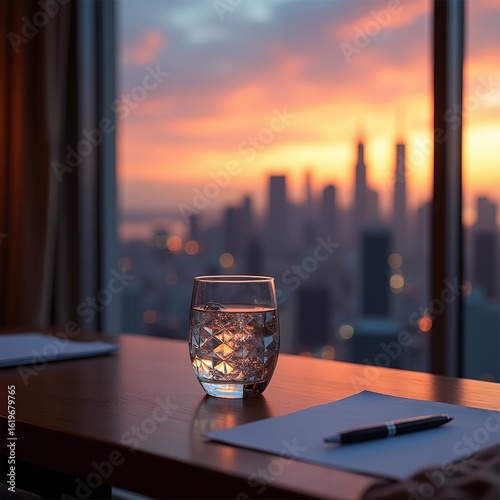 Flux Dev A delicate glass of crystal clear water sitson a sle