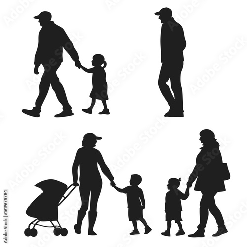 Black silhouettes of families walking together on a white background family people