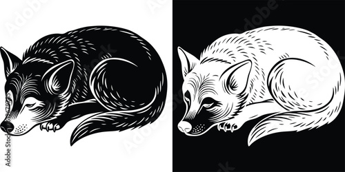Monochromatic wolves sleeping in negative space bring a modern artistic nature style to wall art decor
