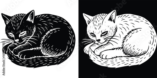 Cute sleeping cat artwork in black and white, perfect for pet lovers and animal designs