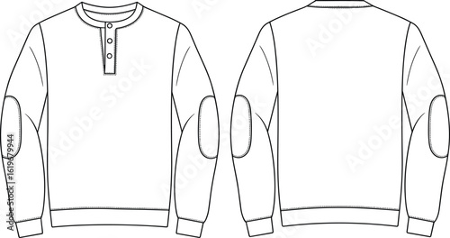 Men's Henley Neck Sweatshirt Flat Lay Mockup Front and Back View with Button Placket and Elbow Patches, Ideal for Casual Apparel Design Templates.