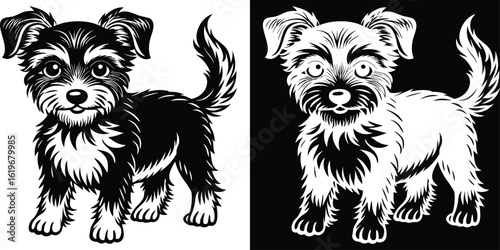 Adorable puppy illustration in black and white, perfect for pet lovers and playful designs