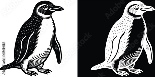 Elegant penguin illustration in black and white ready for creative design projects or educational materials