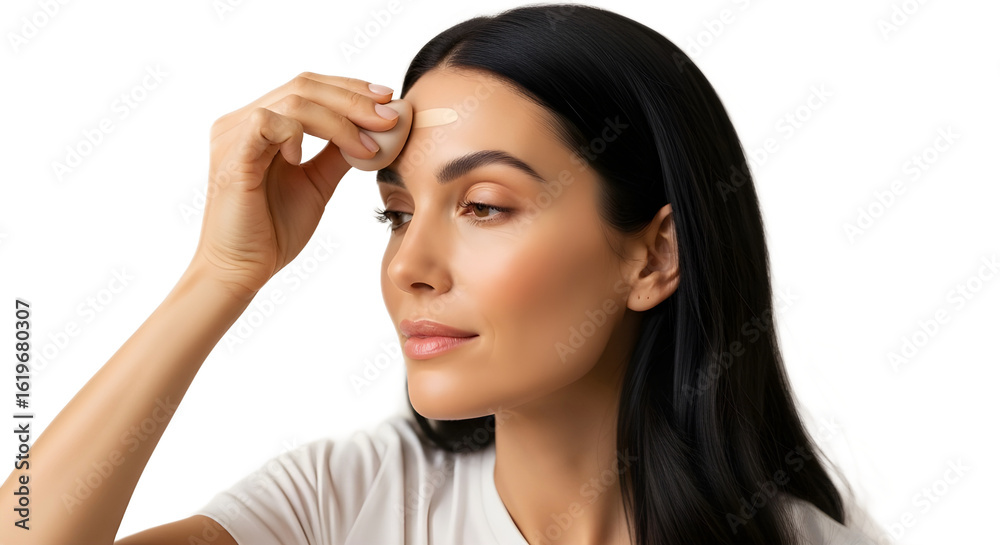 Woman applying cosmetic foundation on her forehead with a sponge isolated on white background Woman applying cosmetic foundation on her forehead with a sponge isolated on white background