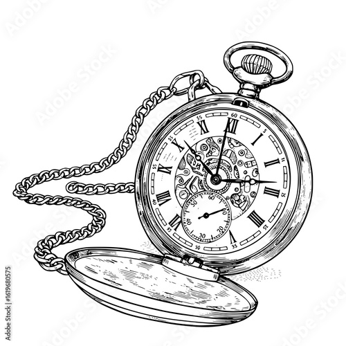 Vintage pocket watch with chain detailed drawing