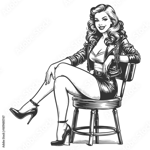 glamorous woman with curled hair and high heels, sitting on a wooden chair in a flirty pose sketch engraving generative ai fictional character vector illustration. Scratch board. Black and white.