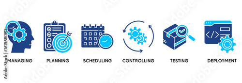 Release management icon set vector illustration concept relate to managing, planning, scheduling, controlling, testing and deployment