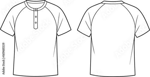 Photography Short sleeve henley t-shirt flat sketch front and back, raglan sleeves, no pocket, blank apparel design, casual wear template, vector outline illustration