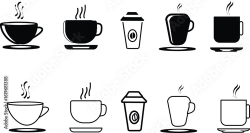 Collection of hand drawn coffee cups and disposable glass  set Warm steaming coffee cups for morning silhouette and outlines vector illustration