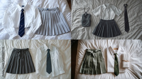 Flat lay showcasing four variations of a school uniform  white long-sleeve shirts, pleated skirts in gray, dark gray, and olive green, and navy ties. 