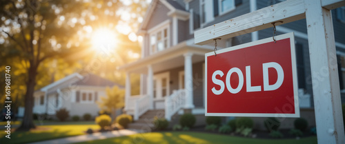 SOLD sign in front of beautiful house with sunset, perfect for real estate success, happy homeownership & property sales.