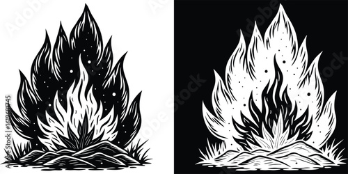 Dynamic campfire illustration blazing brightly in black and white, perfect for outdoorsy designs