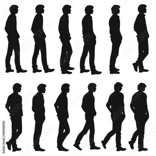 Twenty black male silhouettes standing and walking in profile view vector