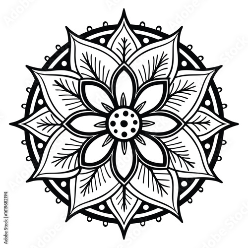 Intricate black and white floral mandala design with symmetrical petal patterns and circular elements