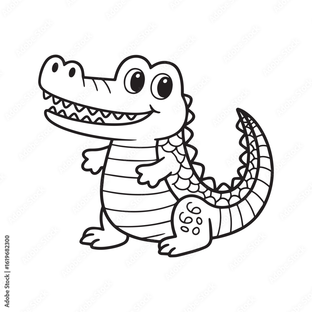 Obraz premium A black and white line art illustration of a cheerful crocodile with large, expressive eyes and a playful grin, positioned centrally against a plain white background. 