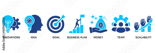 Start up icon set vector illustration concept relate to innovation, idea, goal, business plan, money, team, and scalability
