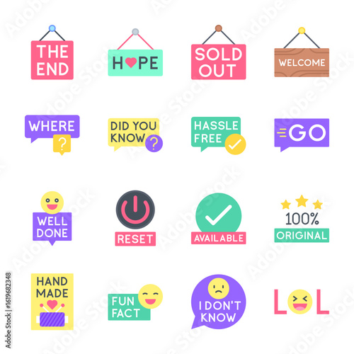 Bright Informational Badge Icon Set with Emotive Phrases and Action Labels