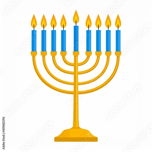 Golden Hanukkah Menorah with Blue Candles Lit Against a White Background