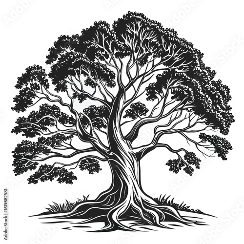 Detailed black and white vector illustration of a large deciduous tree with sprawling roots and lush foliage