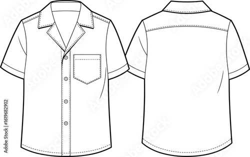 Men's Classic Camp Collar Shirt Flat Lay Mockup Front and Back View, Ideal for Resort Wear, Summer Fashion, Casual Apparel Design, and Blank Garment Template Customization.