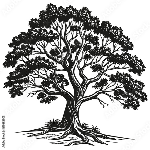 Black and white vector illustration of a large deciduous tree with spreading branches and visible roots