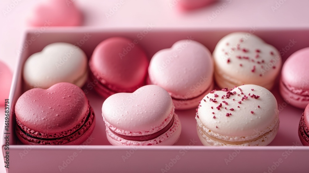 Obraz premium Macarons in heart shape in gift box isolated on pink background,events,aniversary festival gift set,french macaron cookies,trendy 2025,couple valentine Romantic love or pastry shop.