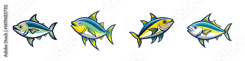 Set of colorful cartoon fish illustrations-Collection of four illustrated fish in bright colors, perfect for marine life, fishing, seafood, aquarium, and ocean-related design concepts.