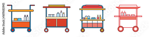 Set of colorful serving cart illustrations-Collection of four illustrated serving carts with bottles and items, designed in bright colors, ideal for kitchen, bar, and restaurant concepts.