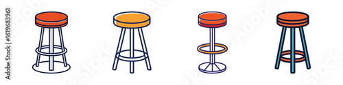 Set of colorful cartoon bar stool illustrations-Collection of four illustrated bar stools in bright colors and different designs, ideal for kitchen, bar, cafe, and modern furniture concepts.