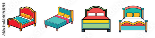 Set of colorful cartoon double bed illustrations-Collection of four vibrant illustrated double beds with pillows and frames, ideal for bedroom furniture, sleep, comfort, and home decor.