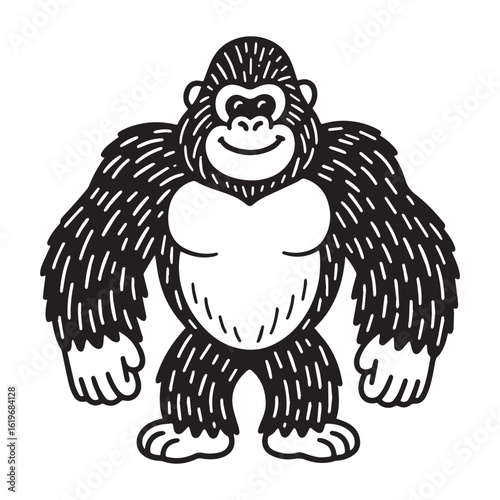  A black and white line art illustration of a cheerful gorilla with broad shoulders and a gentle, friendly smile, rendered in a simplified cartoon style perfect for children. 