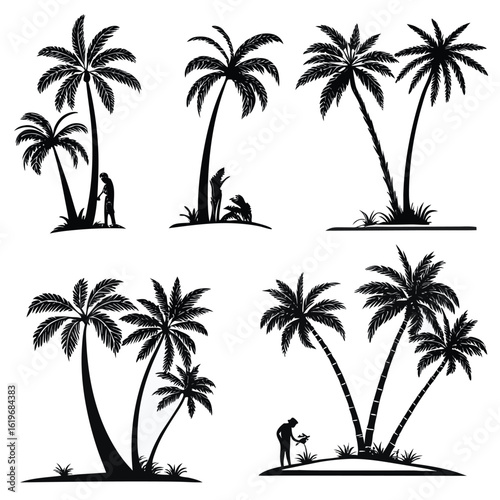 Black silhouette palm trees with people tending plants on white background black and white tropical